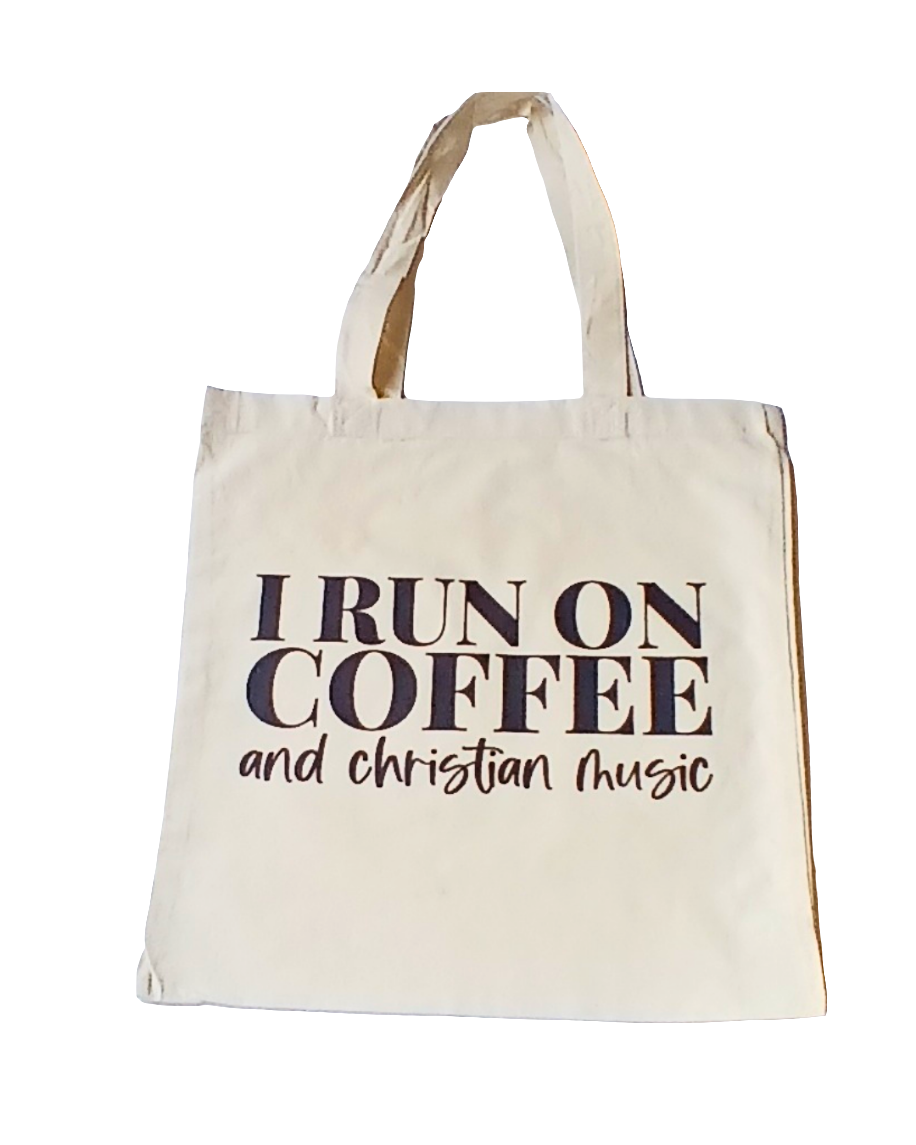 I RUN ON COFFEE ☕ and Christian music  tote bag. shop www.brightcoloredwings.com